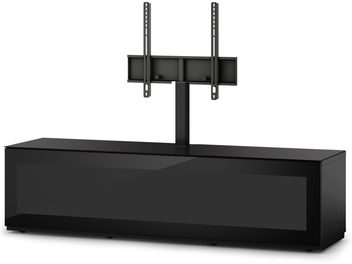 Düz ekran için entegre duvar askılı siyah TV ünitesi, 2 cam raf ve kapalı bölme