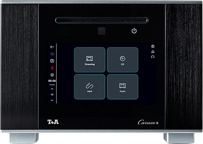 Σύστημα hi-fi όλα σε ένα T+A Caruso R σε μαύρο και ασημί χρώμα, σε μπροστινή όψη, με κεντρική οθόνη και σχισμή CD