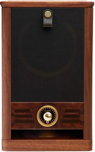 Diffusore da scaffale Fyne Audio Vintage Five in legno marrone, griglia nera e comando centrale dorato, vista frontale