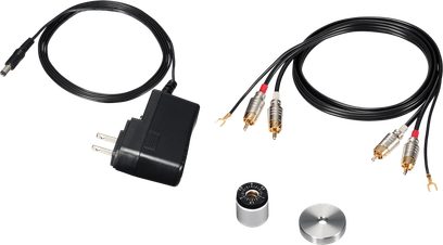 Audio Technica AT-LP2022 pladespiller, to RCA-RCA-kabler, metalstabiliseringsvægt, ovenfra-billede på hvid baggrund