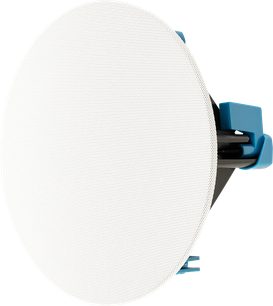 Indbygget loftshøjttaler H55-R v2, set fra en vinkel, hvid perforeret cirkulær grill, synlige blå fastgørelseselementer på siderne