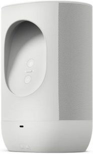 Enceinte sans fil connectée Sonos Move blanc, vue de face, forme cylindrique arrondie, grille textile grise sur la majeure partie, base blanche