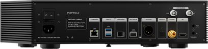 EverSolo T10 nettverkslydspiller bakfra i svart med Ethernet-, USB-, AES EBU-, optiske, koaksiale porter og ekstern klokke