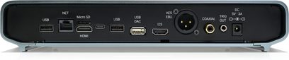 Tinklo garso grotuvas Volumio Rivo +, galinis vaizdas, matomi jungtys: USB, micro SD, HDMI, Ethernet, AES/EBU, koaksialinis, I2S, maitinimas