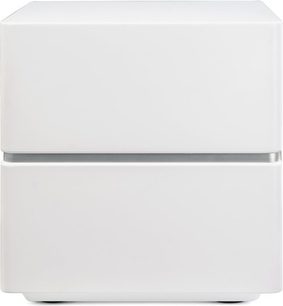 Subwoofer MartinLogan Dynamo 10 blanco lacado, vista frontal, forma cúbica, superficie lisa, línea horizontal central, patas discretas