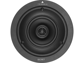 Triangle Secret in-wall speaker, front view, circular matte black speaker with Triangle logo in the center, dark gray frame