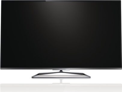 Philips 60PFL6008H sort fladskærms-TV, set forfra, placeret på en hvid holder