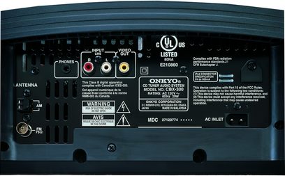 Onkyo CBX-300 CD-tuner-audiosystem sort, bagsigte af bagside, audio/video-stik og antenne, advarsler