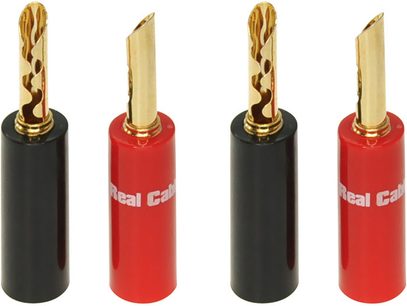 Fire Real Cable BFA6020 bananstik, to sorte og to røde, med forgyldte gafler, set forfra på hvid baggrund