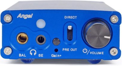 Convertitore audio portatile EarMen Angel blu, vista frontale con uscite cuffie, selettore direct e manopola del volume