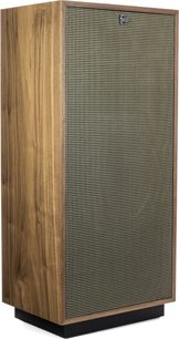 Sloupcový reproduktor Klipsch Forte IV v ořechovém provedení, dřevěná skříň, černá přední mřížka s jemnými obdélníkovými oky, pohled zepředu