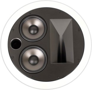 Klipsch KL-7502-THX indbygget højttaler, frontvisning, 2 runde sorte højttalere i et rundt hvidt kabinet