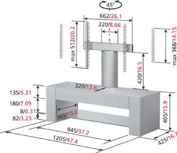Vogel's Q6220 TV-møbel med dimensioner i millimeter, set forfra og fra siden, på hvid baggrund med målstreger