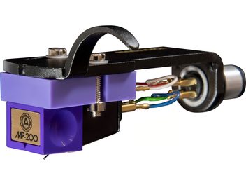 Nagaoka MP-200H phono cartridge, violet plastic with gold-plated plate, mounted on a black metal headshell with visible screws and multicolored wires, three-quarter front left view