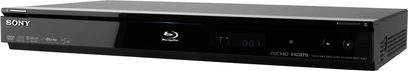 Sony BDP-S357 sort Blu-ray-afspiller, set forfra, blå LED-display, blank frontpanel, knapper og diskskuffe