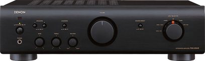 Denon PMA-500AE hi-fi stereo amplifier, front view, black facade with silver buttons and adjustment knobs