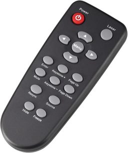 Sort Optoma EP7150 fjernbetjening, 21 grå knapper hvoraf 1 rød Power-knap, hvide indskrifter, laser øverst