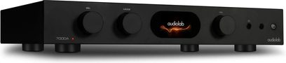 Audiolab 7000A must hi-fi integreeritud stereovõimendi musta ristkülikukujulise esipaneeli, 4 ümmarguse nupu, keskmise ekraani ja nähtavate jalgadega