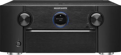 Marantz SR-7012 sort home cinema-forstærker, sort frontpanel, set forfra, blåt display, to drejekontakter, to hovedtelefonstik
