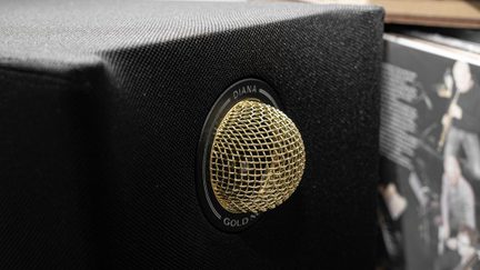 Diffusore Gold Note Diana nero con tweeter sferico a griglia dorata visto da vicino