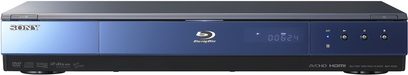 Sony Blu-ray-afspiller BDP-S550, set forfra, blåt display, knapper og porte på forsiden, sort farve, aflang rektangulær form