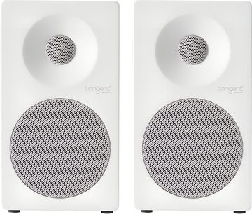Dois alto-falantes de estante Tangent Spectrum II X4 brancos, vista frontal, grelhas metálicas perfuradas, tweeter e woofer