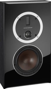 Dali Opticon LCR svart høyttaler, frontvisning, rund midtre-bass driver, diskant over, blank svart frontplate