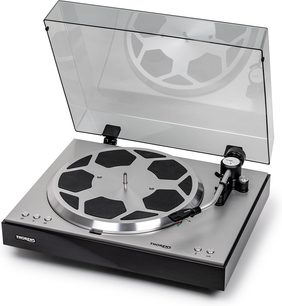 Thorens TD 404 DD pladespiller i sølv og sort med hævet gennemsigtigt låg og aluminiumsplade