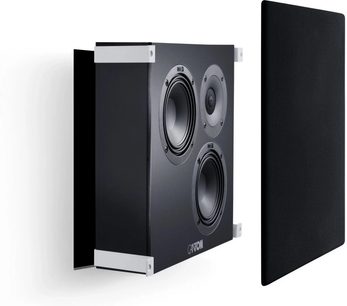 Zwarte inbouw wandluidspreker Canton Atelier InWall 3, drie ronde drivers met afneembaar frontrooster