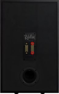 Diffusore da scaffale Klipsch Rebellion nero, vista posteriore con morsetti rosso e nero e condotto circolare