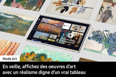 Samsung F-TQ65LS03D-BF højopløsnings-tv, rektangulær skærm med hældning, viser forskellige kunstværker
