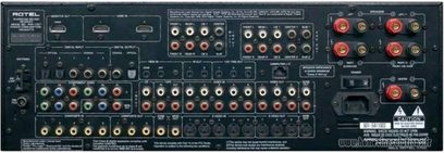 Rotel RSX-1057 hjemmebiograf-forstærker, frontpanel, mange audio/video-stik, knapper og drejeknapper til justering, digitalt display