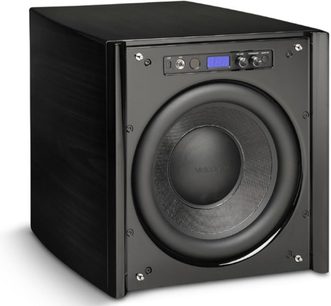 Velodyne DD-12+ sort baskabin, set forfra, kubisk form, central rund højttaler, LCD-skærm og knapper øverst
