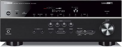 Yamaha RX-V675 sort hjemmebiografsforstærker, set forfra, sort front med knapper, drejeknapper, display og hovedtelefonstik