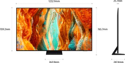 Televizor Samsung TQ55QN70F v černé barvě s extra tenkým kovovým rámem, plochá obrazovka 55 palců na centrálním obdélníkovém stojanu, zobrazení zepředu a z pravého bočního profilu