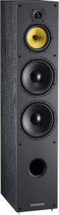 Davis Acoustics Dhavani sort søjlehøjttaler, set forfra, med en gul højttaler og to sorte på mørk træfacade