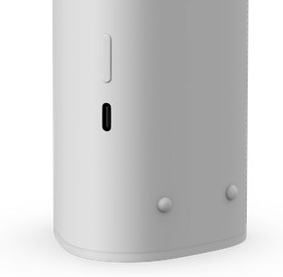 Sonos Roam Lunar White Bluetooth speaker, front view, rounded cylindrical shape, white color, two buttons on top