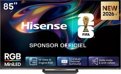 Televizor Hisense 85 palců s tenkými rámečky na středovém podstavci, barevný RGB MiniLED obraz, pohled zepředu