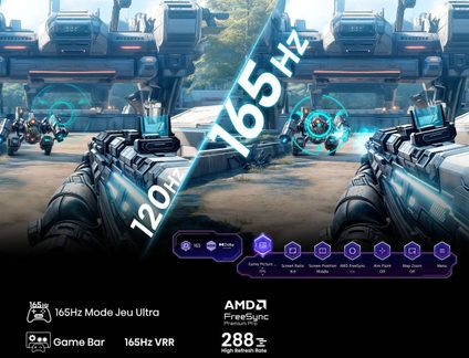 Zilpelēkā digitālā montāža ar futuristisku šaušanas spēles FPS skatu, sadalīts ekrāns 120/165 Hz, Game Bar interfeiss un AMD FreeSync