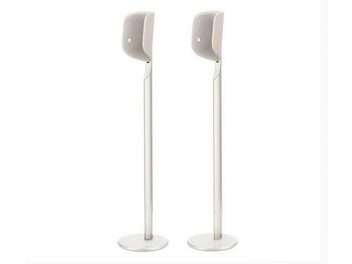 To hvide Bowers & Wilkins FS-M1 MK2 gulvhøjttalere med rent design, rund base og skrå stander