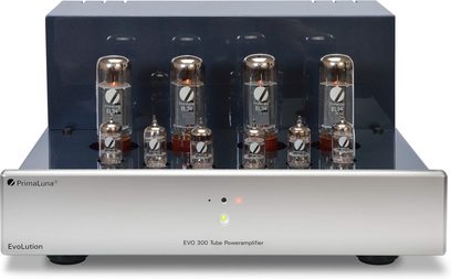 Amplificatore di potenza PrimaLuna EVO 300 argento, vista frontale, 8 valvole termoioniche su 2 file, pannello frontale argentato