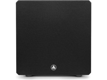 JL Audio E-Sub e112 subwoofer i sort lak, kubisk form, sølvfarvet logo, set forfra