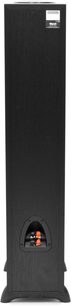 Klipsch Synergy F-20 juodos kolonėlės žvilgsnis iš priekio, garsiakalbis matomas už juodos grotelių, stačiakampis pagrindas
