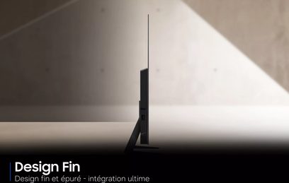 Televizor Samsung TQ65S92H z profilu, ultra tenká černá obrazovka na centrálním stojanu s čistým designem