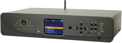 Atoll ST-200SE sort netværksaudioafspiller, set forfra, sort front med farve-LCD-skærm, knapper og stik
