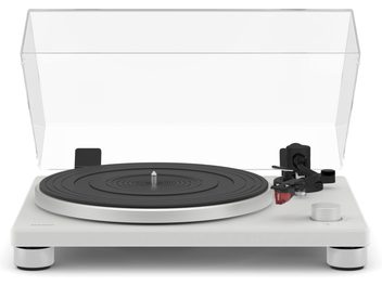 Giradischi hi-fi automatico bianco opaco con piatto circolare nero, braccio di lettura nero, puntina rossa, coperchio trasparente sollevabile
