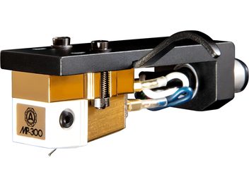 Cartridge mounted on Nagaoka MP-300H headshell, three-quarter front view, gold-colored metal body with white plastic front panel printed with MP-300, black metal headshell with visible screws and colored wiring visible