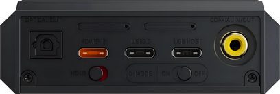 Reproductor FiiO M27 negro, vista trasera con salidas óptica y coaxial, puertos USB‑C y botones