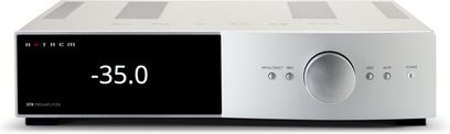 Preamplificator stereo Anthem STR Preamplifier argintiu, față frontală cu afișaj digital "-35.0", butoane și buton rotativ de reglare