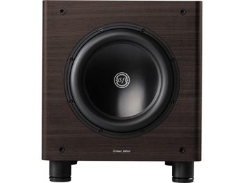 Subwoofer Sonus Faber Gravis II wengé, přední pohled s velkým černým reproduktorem uprostřed